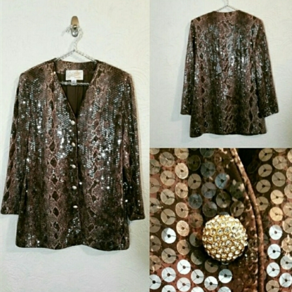 Vintage Rickie Freeman TJ Nites Clear Sequins Reptile Print Jacket